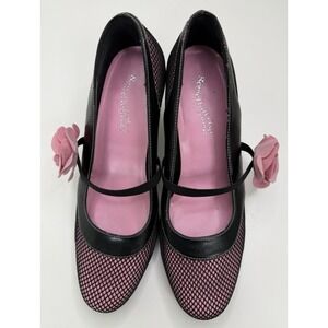 Vtg Skechers Somethin' Else Kitten Heels Pink Black Mesh Pin-up Rosette Sz 8.5